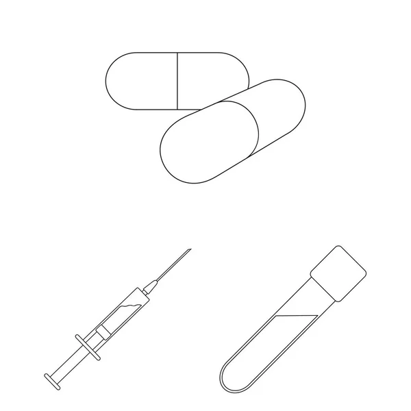 医学と治療概要アイコン デザインのセットのコレクション。薬や器具のベクトル シンボル ストック web イラスト. — ストックベクタ