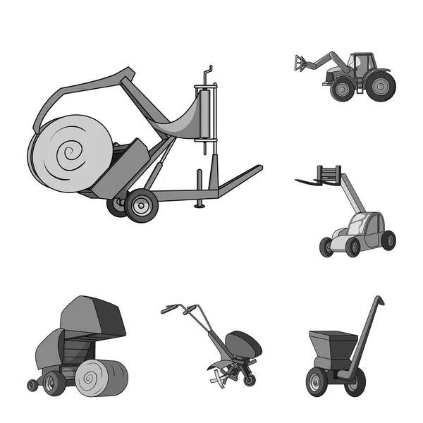 농업 기계 장치 디자인에 대 한 설정된 컬렉션에 흑백 아이콘. 장비 및 장치 벡터 기호 재고 웹 일러스트 레이 션. — 스톡 벡터