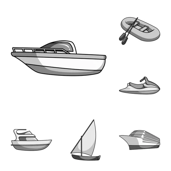 Iconos de agua y transporte marítimo monocromáticos en la colección de conjuntos para el diseño. Una variedad de barcos y barcos vector símbolo stock web ilustración . — Vector de stock