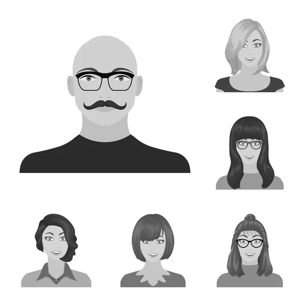 Avatar och ansikte svartvita ikoner i set insamling för design. En personer utseende vektor symbol lager web illustration. — Stock vektor