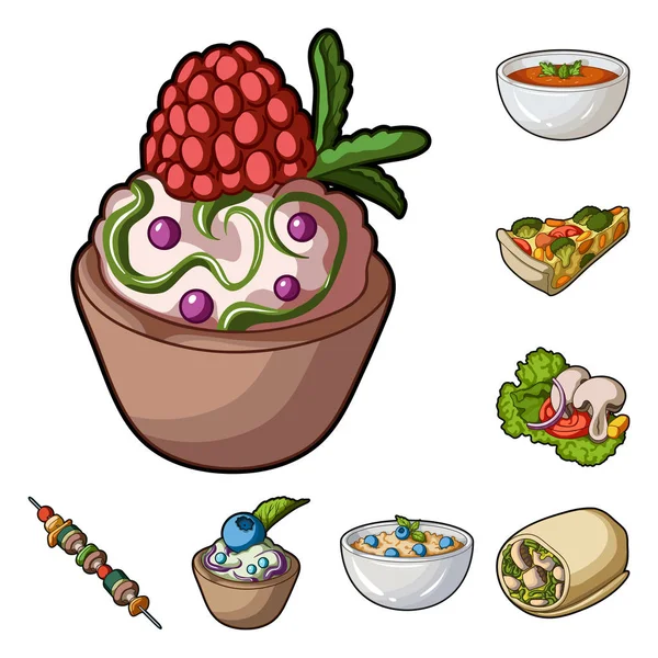 Ícones de desenhos animados de prato vegetariano na coleção de conjuntos para design.Vegetable e leite alimento vetor símbolo web ilustração . — Vetor de Stock