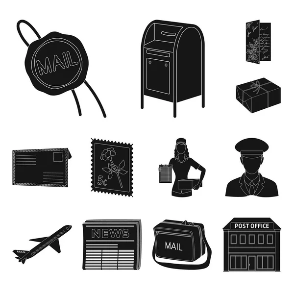 Mail and postman black icons in set collection for design. Mail and equipment vector symbol stock web illustration. — Stock Vector