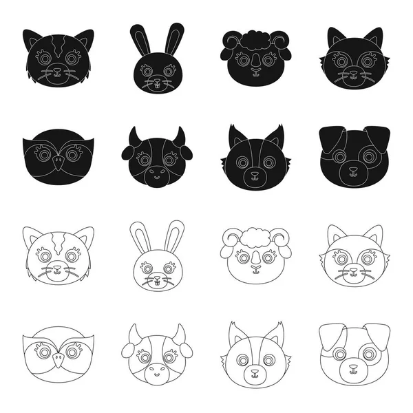 Búho, vaca, lobo, perro. Animales bozal conjunto colección iconos en negro, contorno estilo vector símbolo stock ilustración web . — Vector de stock