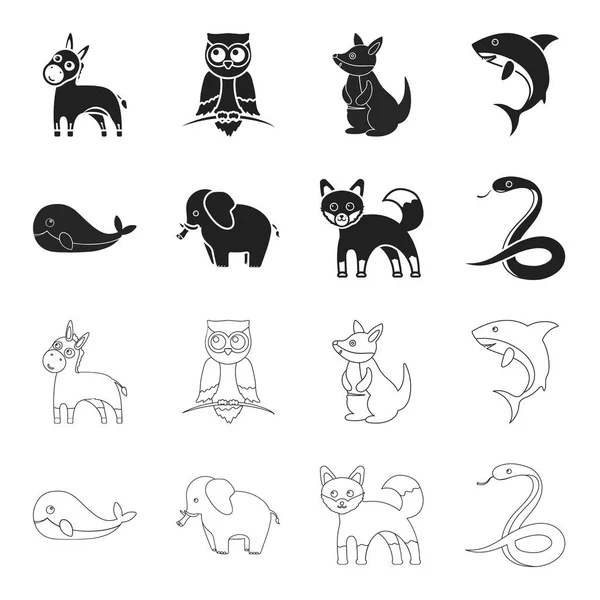鯨、象、蛇、キツネ。動物は黒、アウトライン スタイルのベクトル シンボル ストック イラスト web でコレクションのアイコンを設定. — ストックベクタ