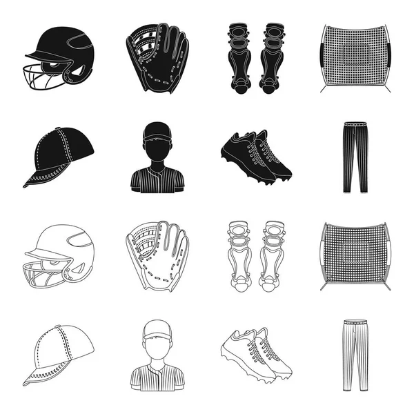 Baseballpet, speler en andere accessoires. Honkbal collectie iconen in zwart, overzicht stijl vector symbool stock illustratie web instellen. — Stockvector
