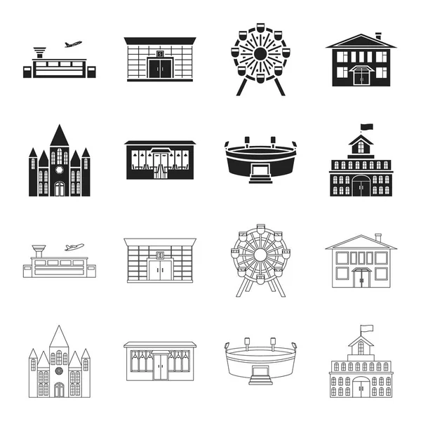 Haus der Regierung, Stadion, Café, church.building Set Sammlung Symbole in schwarz, Umriss Stil Vektor Symbol Stock Illustration Web. — Stockvektor