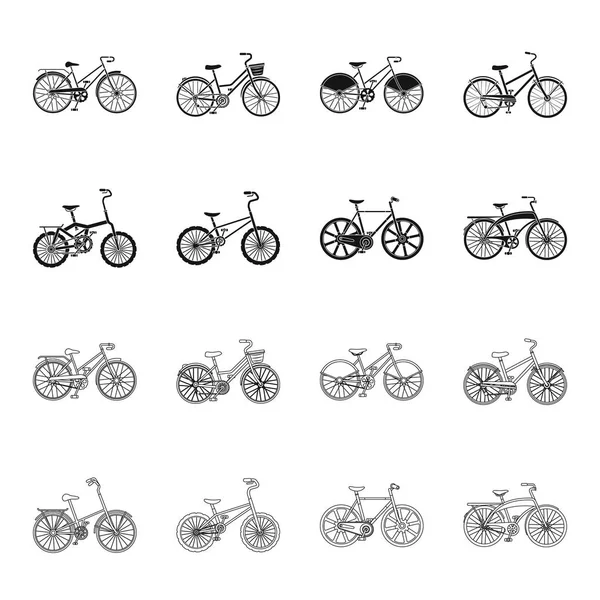 어린이 자전거 그리고 다른 종류입니다. 다른 자전거 블랙, 개요 스타일 벡터 기호 재고 일러스트 웹 컬렉션 아이콘 설정. — 스톡 벡터