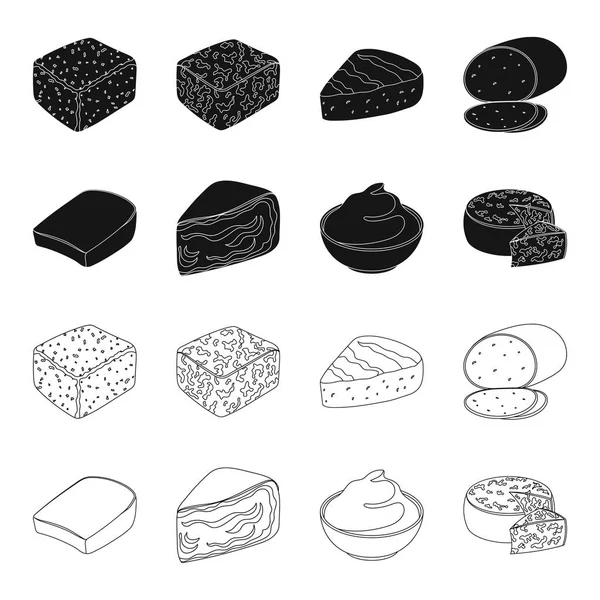 Gruyere, camembert, mascarpone, gorgonzola.Different tipos de queso conjunto colección iconos en negro, contorno estilo vector símbolo stock ilustración web . — Vector de stock