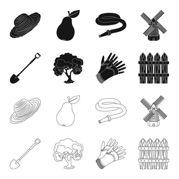 Eine Schaufel mit Stiel, ein Baum im Garten, Handschuhe für die Arbeit auf einem Bauernhof, ein Holzzaun. Bauernhof und Garten Set Sammlung Symbole in schwarz, Umriss Stil Vektor Symbol Stock Illustration Web. — Stockvektor