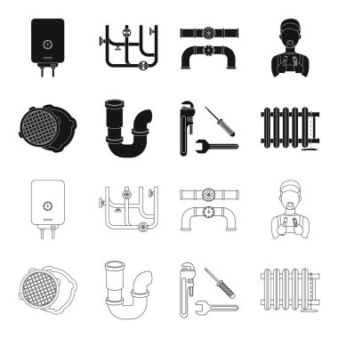 Kanalizasyon kapağı, aracı, radyatör. Sıhhi tesisat toplama simgeler siyah, anahat stili vektör simge stok çizim web içinde ayarla..