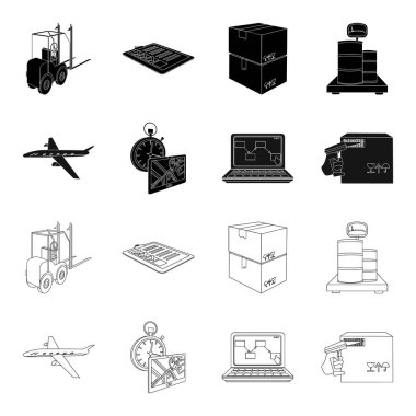 Nakliye uçakları, saat, bilgisayar muhasebe, denetim ve muhasebe malların teslim. Lojistik ve dağıtım toplama simgeler siyah, anahat stili izometrik vektör simge stok ayarla