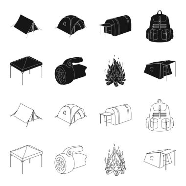 Tente, yangın ve diğer turistik ekipmanları. Çadır toplama simgeler siyah, anahat stili vektör simge stok çizim web içinde ayarla..