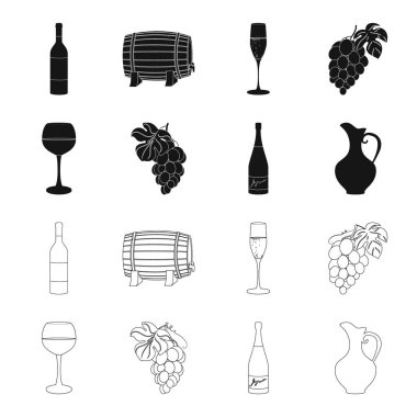 Bir bardak kırmızı şarap, şampanya, şarap bir şişe, bir grup. Şarap üretimi toplama simgeler siyah, anahat stili vektör simge stok çizim web içinde ayarla..