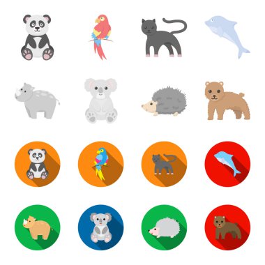 Gergedan, koala, Panter, kirpi. Hayvan toplama simgeler çizgi film, düz stil vektör simge stok illüstrasyon ayarla. .