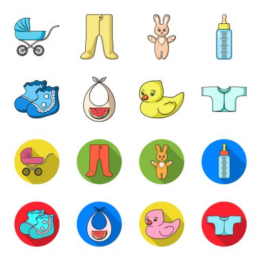 Çorap, önlük, Oyuncak ördek, raspashonka. Bebek set simgeler çizgi film, düz stil vektör simge stok çizim web tarihi..