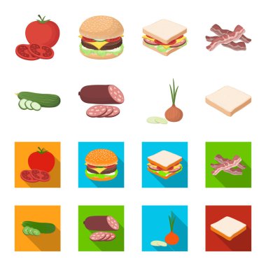 Burger ve malzemeler karikatür, set koleksiyonu tasarım için düz simgeler. Vektör simge stok web illüstrasyon pişirme Burger.