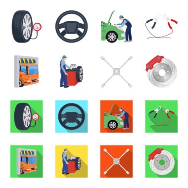 Tekerlek Dengeleme, somun anahtarı ve fren disk çizgi film, set koleksiyonu tasarım için düz simgeler. Araba bakım istasyonu vektör simge stok çizim web.