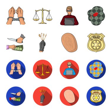 Soygun saldırı, parmak izi, polis rozeti, yankesici. Suç toplama simgeler çizgi film, düz stil vektör simge stok çizim web ayarla..