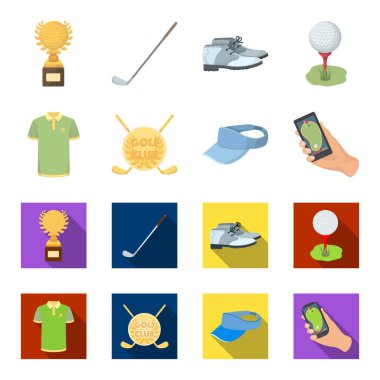 Golf club, güneşlik, golfçü gömlek, telefon bir navigator ile kap arması. Golf Kulübü çizgi film, düz stil vektör simge stok çizim web simgeler ayarla.
