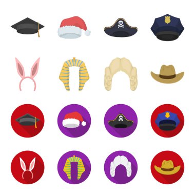 Tavşan kulağı, Yargıç peruk, kovboy. Şapka toplama simgeler çizgi film, düz stil vektör simge stok çizim web ayarla..