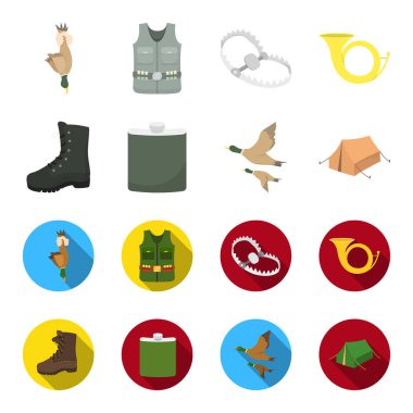 Uçan ördek, şişesi, çizmeler, çadır... Avcılık toplama simgeler çizgi film, düz stil vektör simge stok çizim web ayarla..
