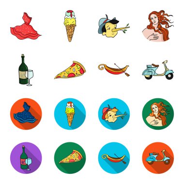 Bir şişe şarap, bir parça pizza, bir gundola, bir scooter. İtalya toplama simgeler çizgi film, düz stil vektör simge stok çizim web ayarla..