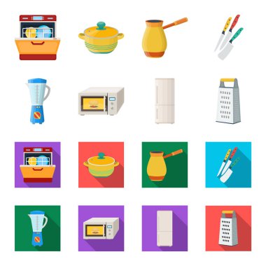 Mutfak ekipmanları çizgi film, set koleksiyonu tasarım için düz simgeler. Sembol stok web illüstrasyon vektör mutfak ve aksesuarları.