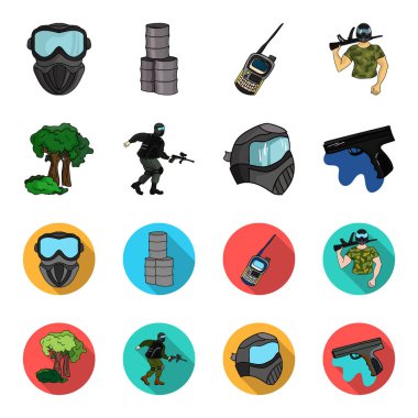Maske, silah, boya, stok. Paintball toplama simgeler çizgi film, düz stil vektör simge stok çizim web ayarla..