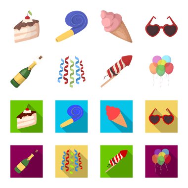 Şampanya, havai fişek ve parti diğer aksesuarları. Parti ve partits çizgi film, düz stil vektör simge stok çizim web simgeler ayarla.