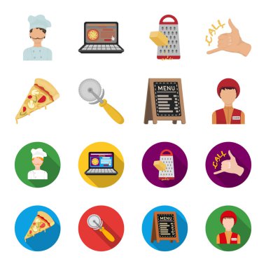 Bir pizza kesici, bir dilim, bir menüde bir pizzacı, bir kurye. Pizza ve pizza çizgi film, düz stil vektör simge stok çizim web simgeler ayarla.