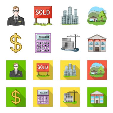 Hesap makinesi, dolar işareti, yeni bina, Emlak Ofisleri. Emlakçı toplama simgeler çizgi film, düz stil vektör simge stok çizim web ayarla..