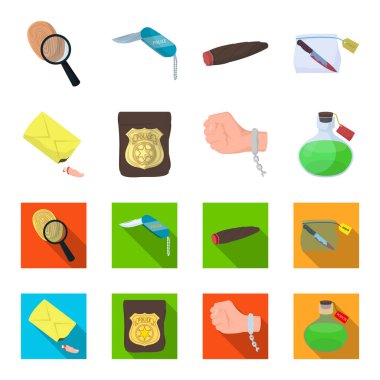 Dedektifler rozet, suçlular el, parmak çantada, zehirle şişeye güdük kelepçe. Suç ve Dedektif toplama simgeler çizgi film, düz stil vektör simgesi ayarla