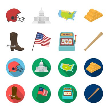 Kovboy çizmeleri, ulusal bayrak, slot makinesi, beyzbol sopası. ABD ülke toplama simgeler çizgi film, düz stil vektör simge stok çizim web ayarla..