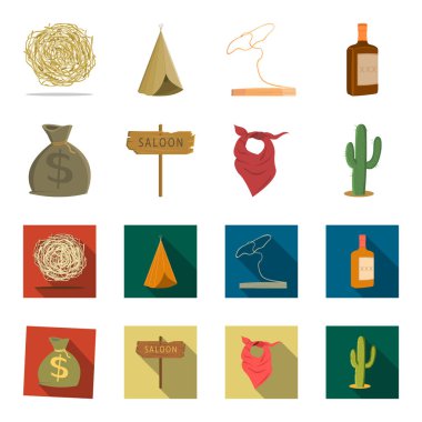 Para, salon, kovboy fuları, kaktüs torba. Vahşi Batı toplama simgeler çizgi film, düz stil vektör simge stok çizim web ayarla..