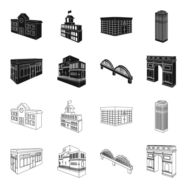 Arc de Triomphe di Paris, jembatan Reinforced, bangunan kafe, Rumah dengan gaya Skandinavia. Arsitektur dan bangunan set ikon dalam warna hitam, bergaya garis luar vektor simbol saham ilustrasi web . - Stok Vektor