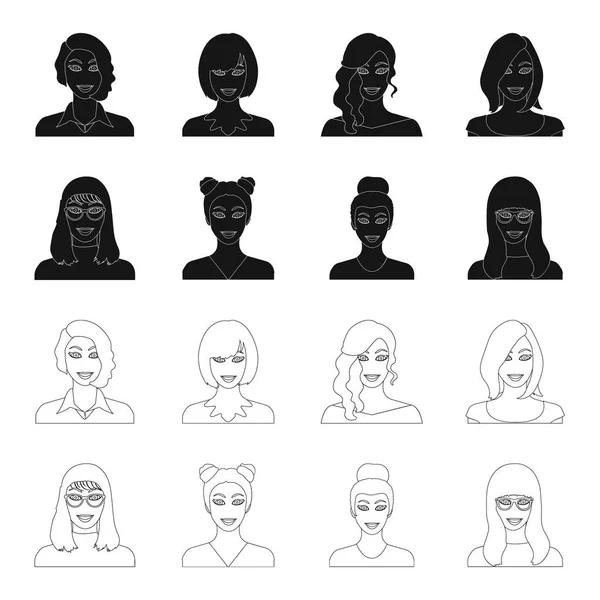 Лицо девушки в очках, женщина с прической. Иконки коллекции символов лица и внешнего вида в черной паутине с векторными символами очертаний . — стоковый вектор