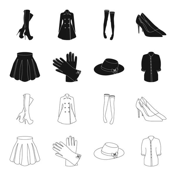 Falda con pliegues, guantes de cuero, sombrero de mujer con lazo, camisa en el cierre. Ropa para mujer conjunto colección iconos en negro, contorno estilo vector símbolo stock ilustración web . — Archivo Imágenes Vectoriales