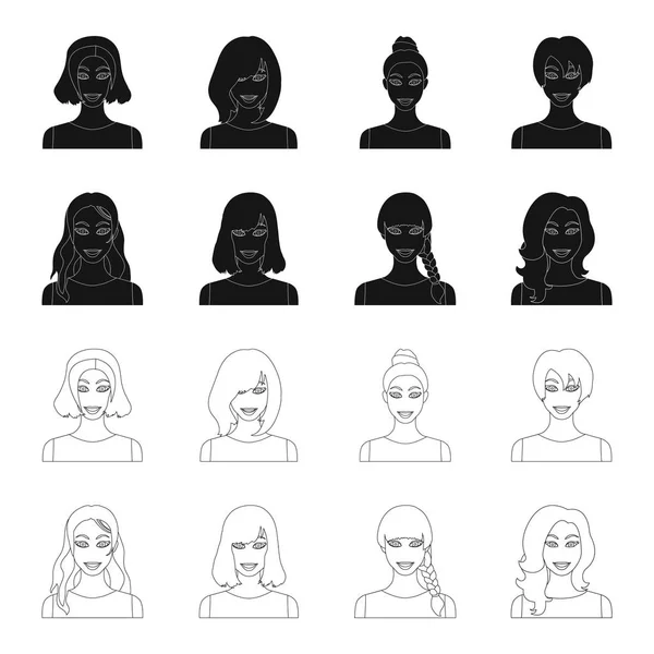 Виды женских причесок черного цвета, контуры икон в коллекции наборов для оформления. Внешний вид веб-иллюстрации женского векторного символа . — стоковый вектор