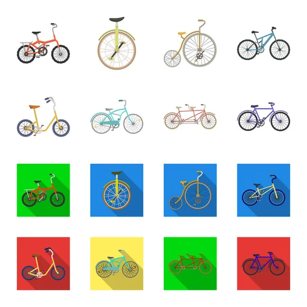 儿童自行车, 双串联和其他类型。不同的自行车集合图标在卡通, 平面风格矢量符号股票插画网站. — 图库矢量图片