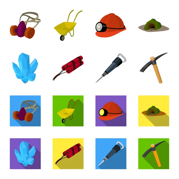 Mineraler, sprängämnen, jackhammer, pickaxe. Gruvindustrin som samling ikoner i tecknad, platt stil vektor symbol stock illustration web. — Stock vektor