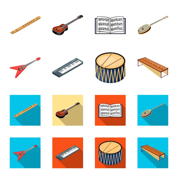 Musikinstrument tecknad, platt ikoner i set samling för design. Sträng- och blåsinstrument isometrisk vektor symbol stock web illustration. — Stock vektor