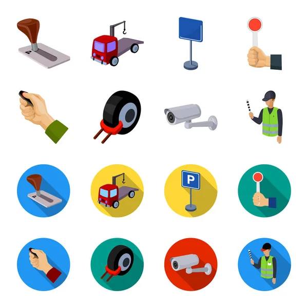 Auto alarm velg, veiligheidscamera, parking assistent. Parkeerzone instellen collectie iconen in de tekenfilm, vlakke stijl vector symbool stock illustratie web. — Stockvector