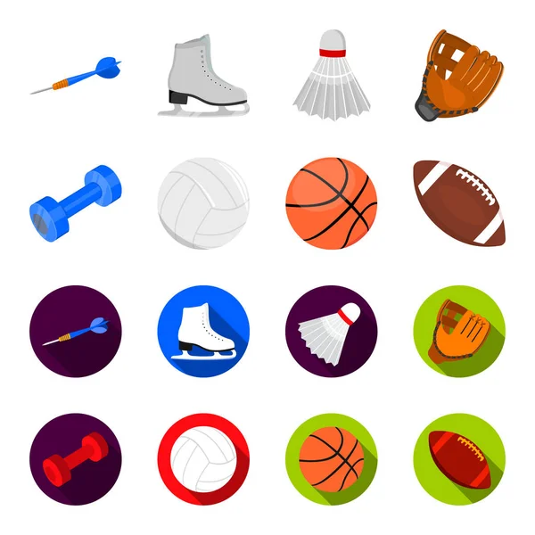 Синий гантель, белый футбольный мяч, баскетбол, регби. Иконки коллекции спортивных наборов в мультфильме, векторные векторные символы плоского стиля . — стоковый вектор