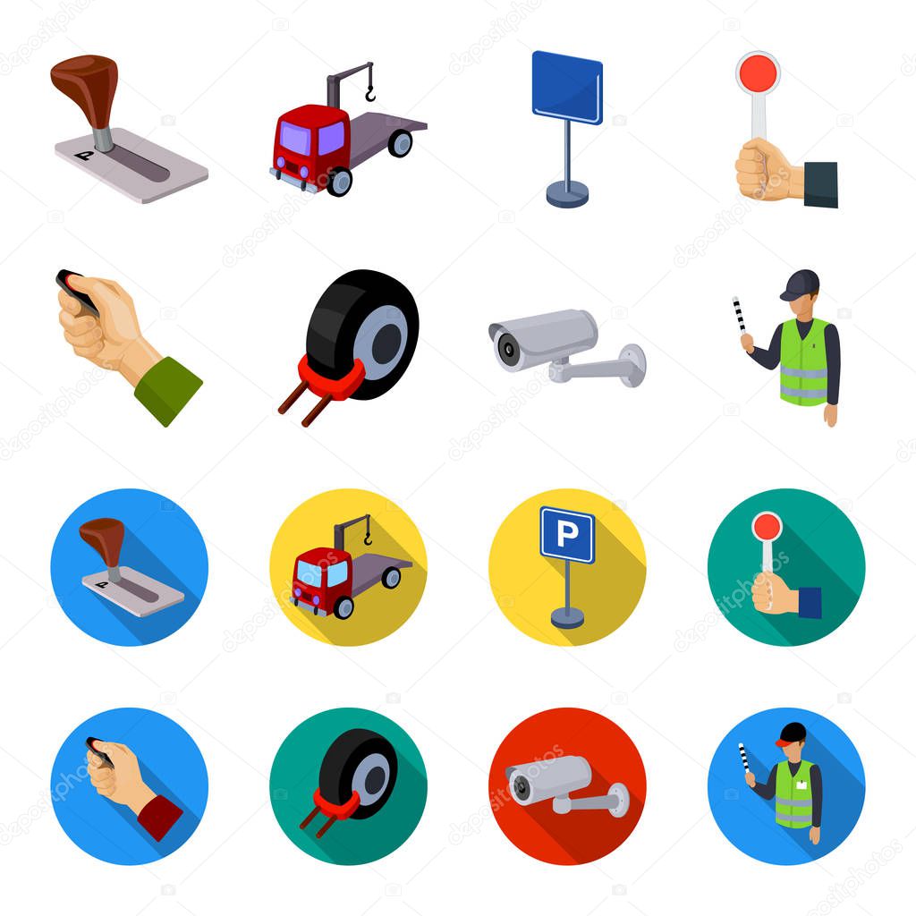 Car alarm, wheel rim, security camera, parking assistant. Parking zone set collection icons in cartoon,flat style vector symbol stock illustration .