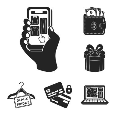E-ticaret, satın alma ve satış set koleksiyonu tasarım için simgeler siyah. Ticaret ve Finans sembol stok web illüstrasyon vektör.