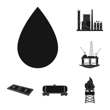 Petrol sanayi siyah set koleksiyonu tasarım için simgeler. Ekipman ve petrol üretimi sembol stok web illüstrasyon vektör.