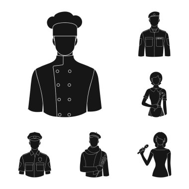 Set koleksiyonu tasarım için simgeler siyah insanlar farklı meslekler. İşçi ve uzman sembol stok web illüstrasyon vektör.