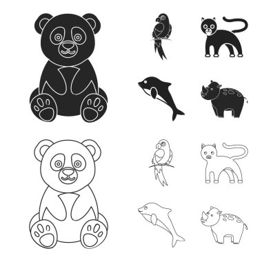 Panda.popugay, Panter, yunus. Hayvan toplama simgeler siyah, anahat stili vektör simge stok çizim web içinde ayarla..