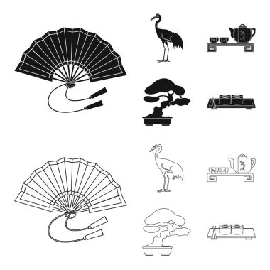Fan, kırmızı taç vinç, çay töreni, bonsai. Japonya toplama simgeler siyah, anahat stili vektör simge stok çizim web içinde ayarla..