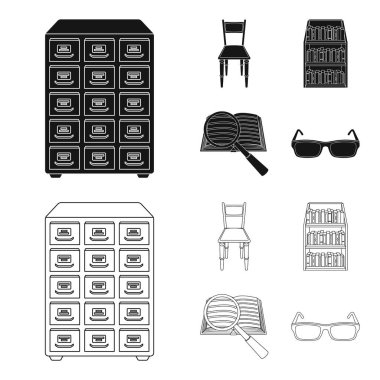 Dosya dolabı, sandalye, raflar kabine, bilgi arayın. Kütüphane ve kitap toplama simgeler siyah, anahat stili vektör simge stok çizim web ayarla.